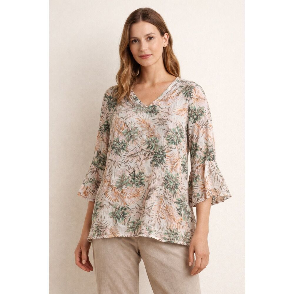 J Jill Love Linen Tropical Print Blouse Medium Bell Sleeve V Neck